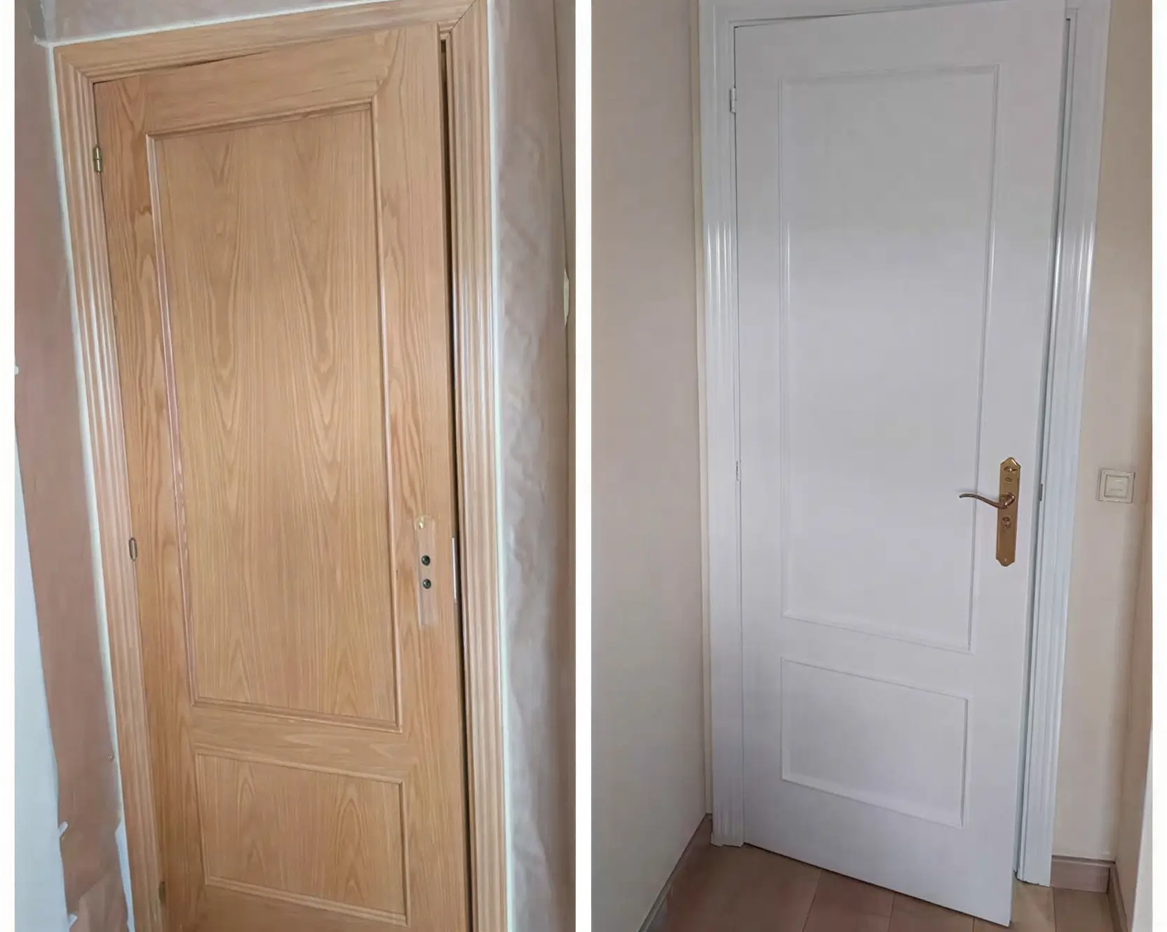 Antes y después de lacar puerta de madera en blanco por Los Pintores Huelva