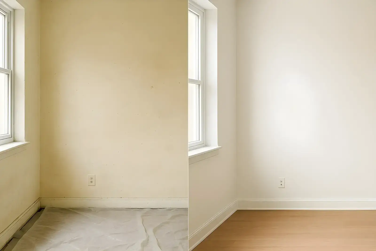Antes y después de pintura interior en salón, trabajo de Los Pintores Huelva con paredes renovadas