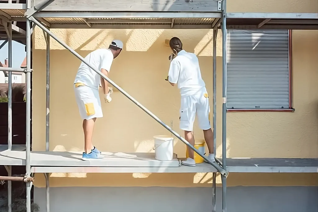 Los Pintores Huelva aplicando pintura exterior de alta calidad en fachada de vivienda